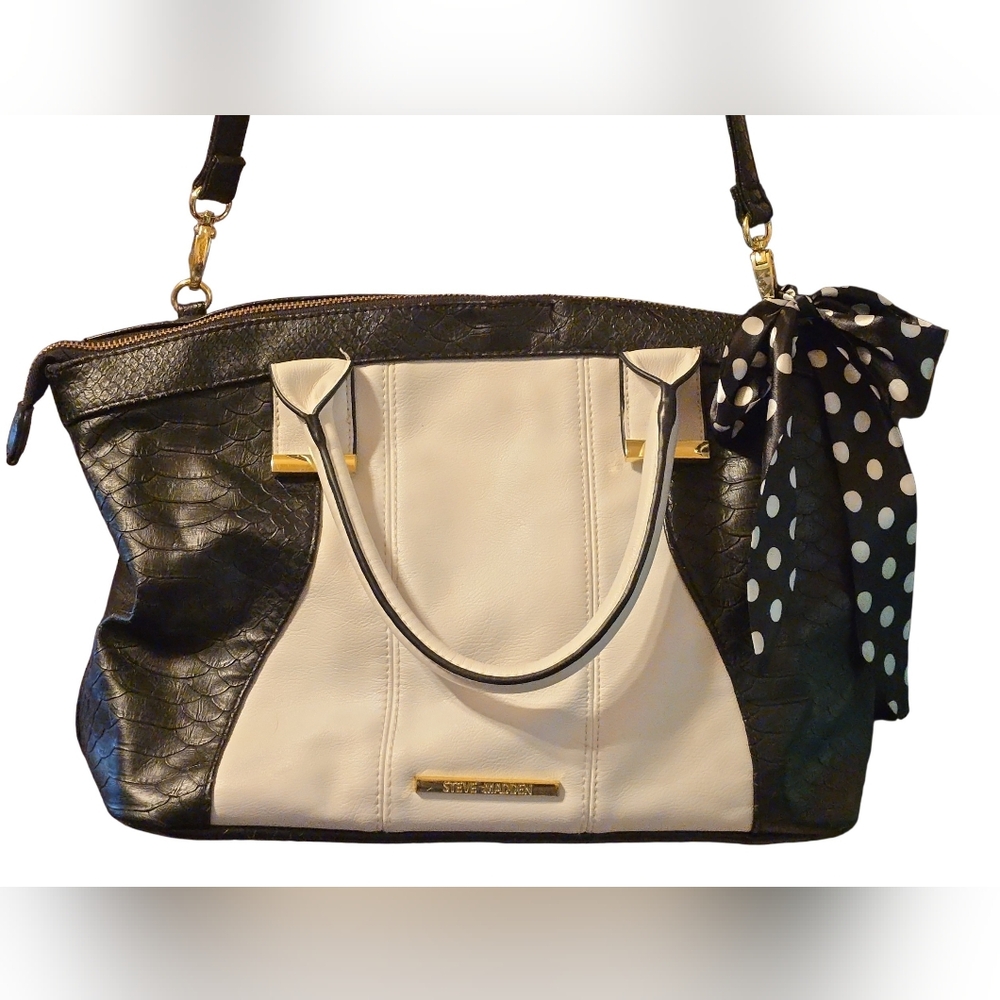 Steve Madden Black & White Python Embossed Satchel with Polka Dot Scarf
